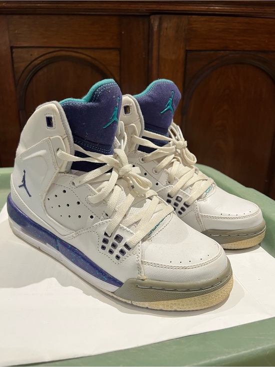 Jordan Shoes - Jordan Kids White High-Top Sneakers with Purple and Teal Accents